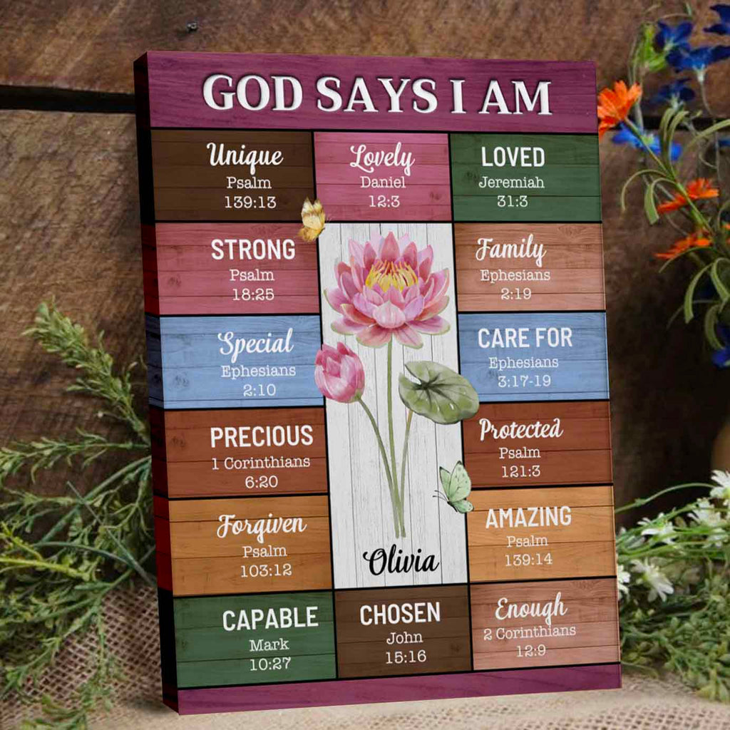 God Say I Am | Personalized Birth Flower Affirmation Canvas