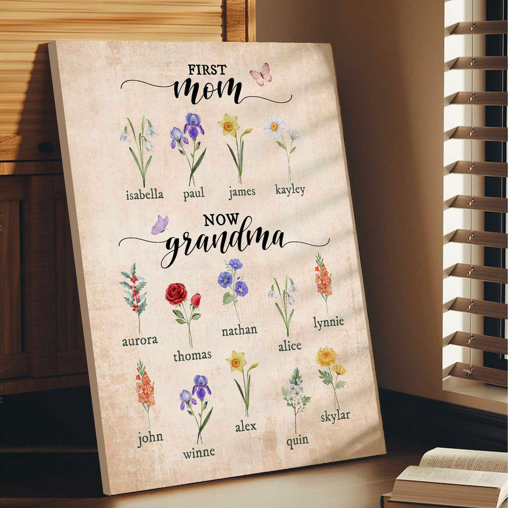 First Mom Now Grandma - Personalized Birth Flowers Garden Print Canvas