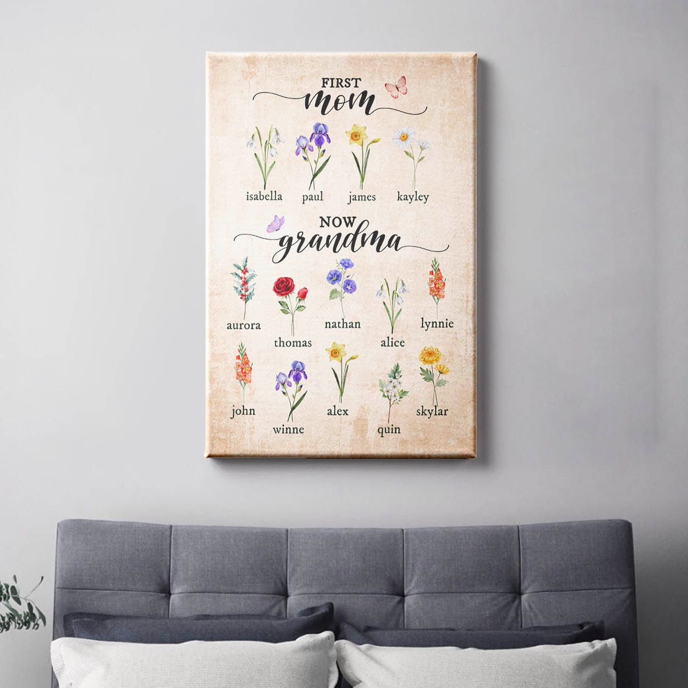 First Mom Now Grandma - Personalized Birth Flowers Garden Print Canvas