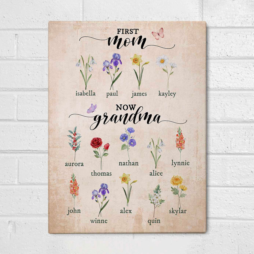 First Mom Now Grandma - Personalized Birth Flowers Garden Print Canvas