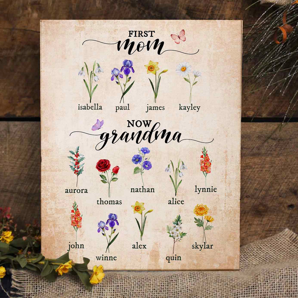 First Mom Now Grandma - Personalized Birth Flowers Garden Print Canvas