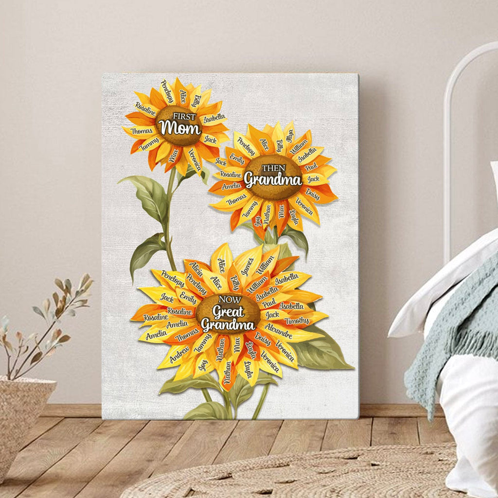 First Mom Then Grandma Now Great Grandma | Custom Names Sunflower Canvas Gift