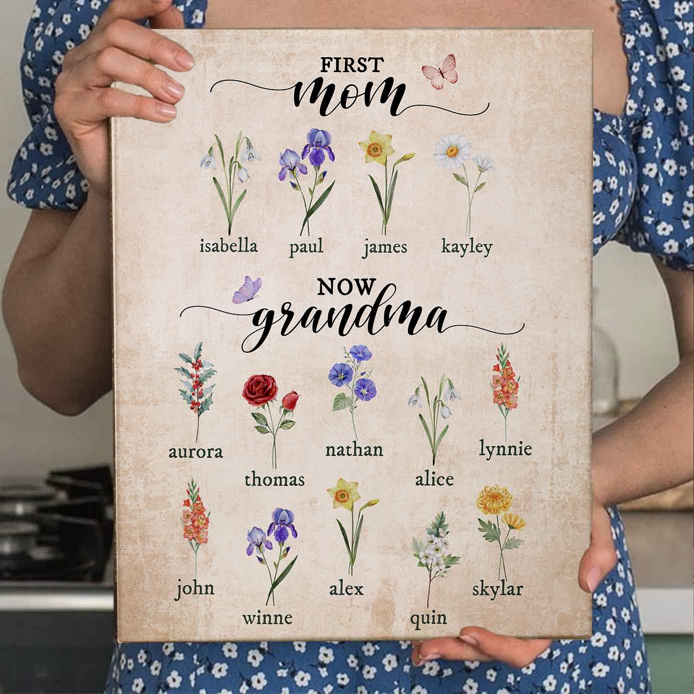 First Mom Now Grandma - Personalized Birth Flowers Garden Print Canvas