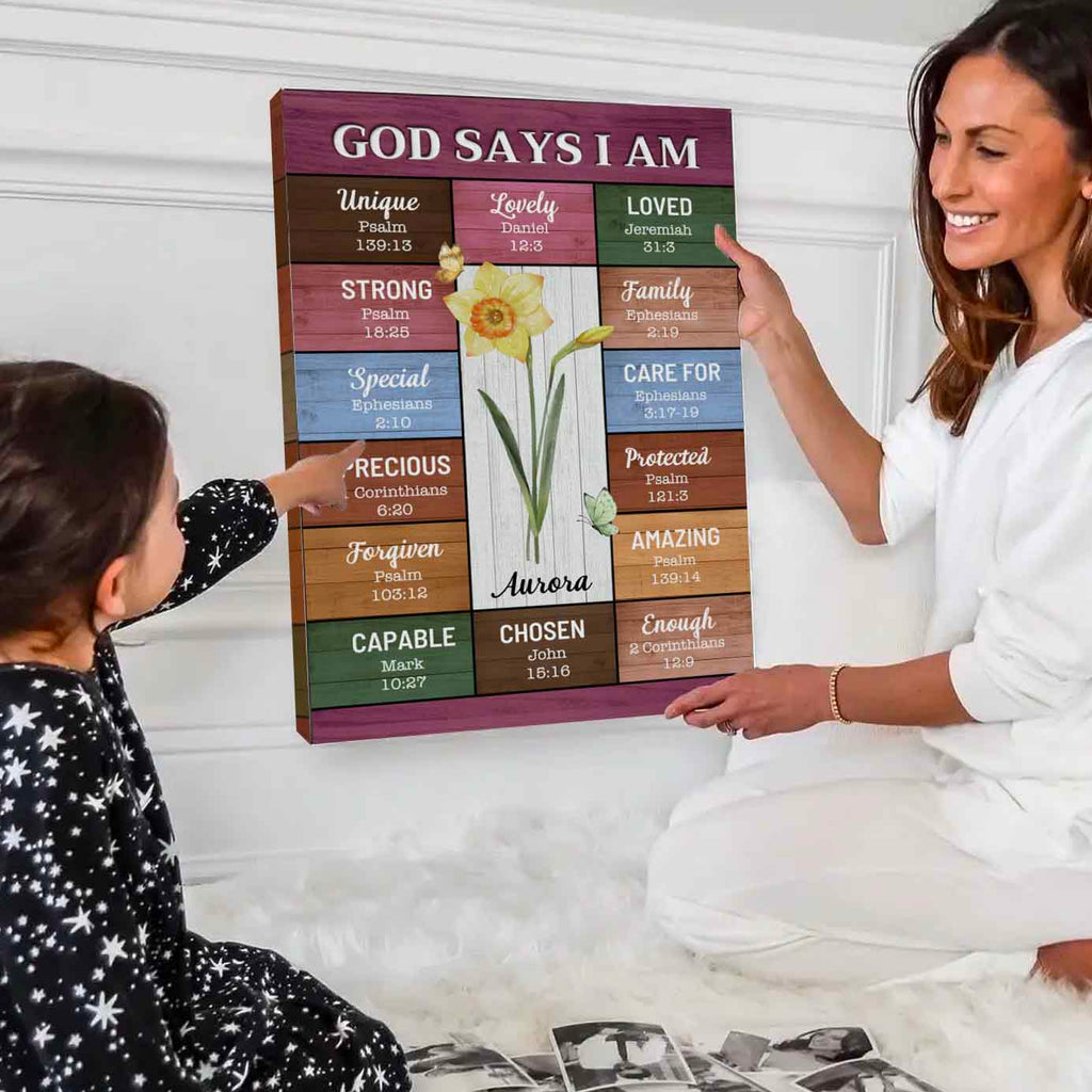 God Say I Am | Personalized Birth Flower Affirmation Canvas