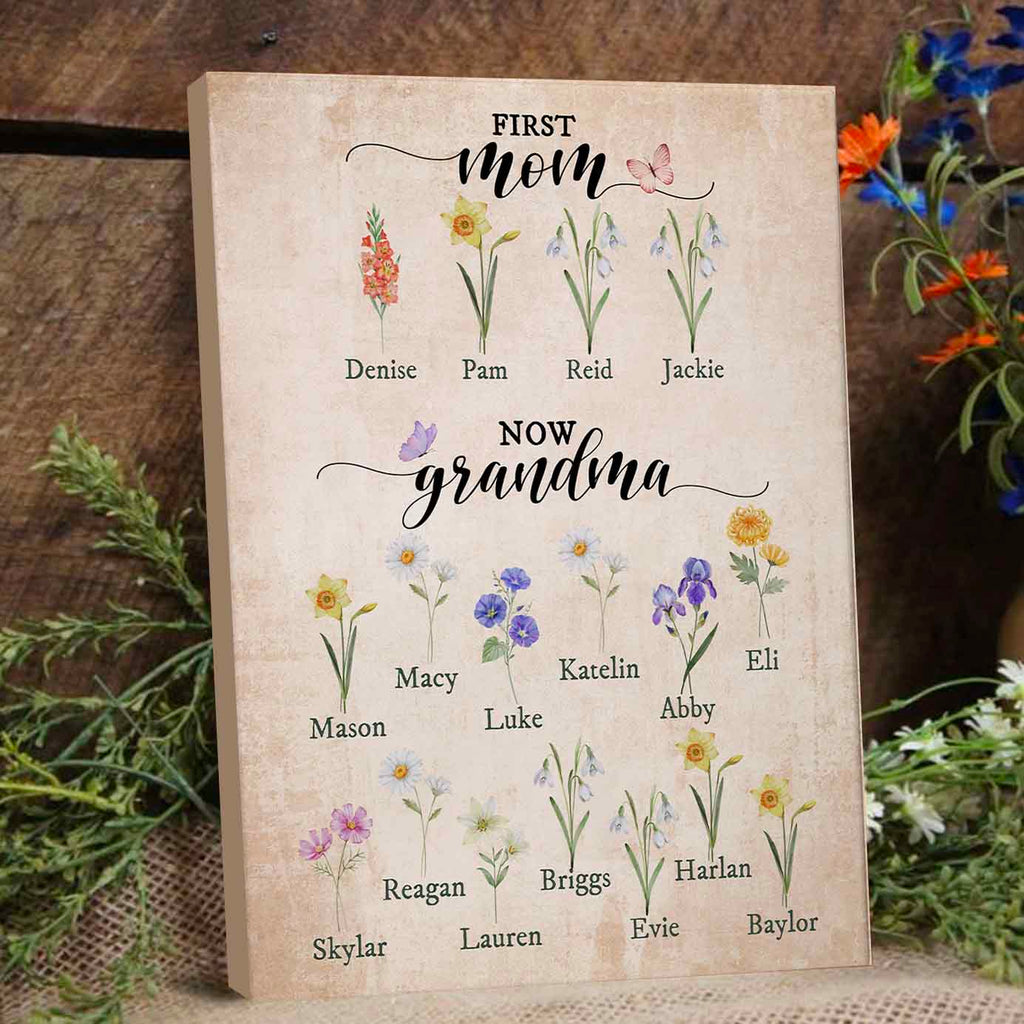 First Mom Now Grandma - Personalized Birth Flowers Garden Print Canvas
