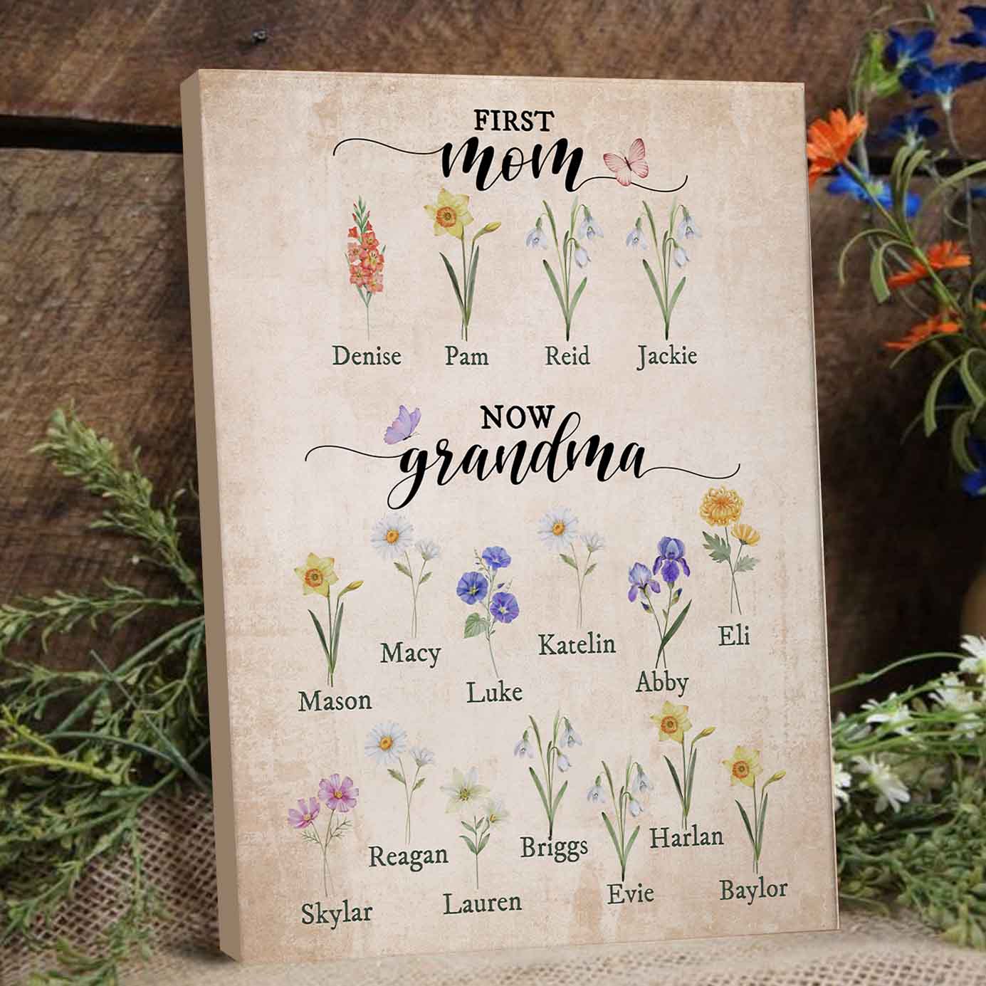 First Mom Now Grandma - Personalized Birth Flowers Garden Print Canvas