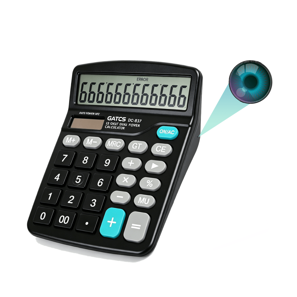 Spy camera disguised as a calculator with 4K resolution, WiFi connectivity, and remote recording capabilities.