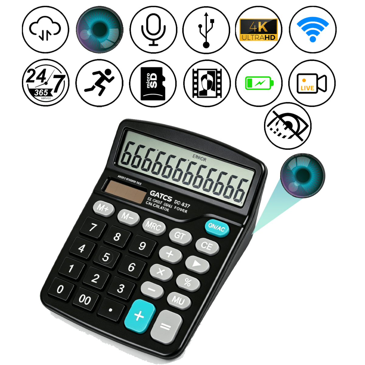 Spy camera disguised as a calculator with 4K resolution, WiFi connectivity, and remote recording capabilities.