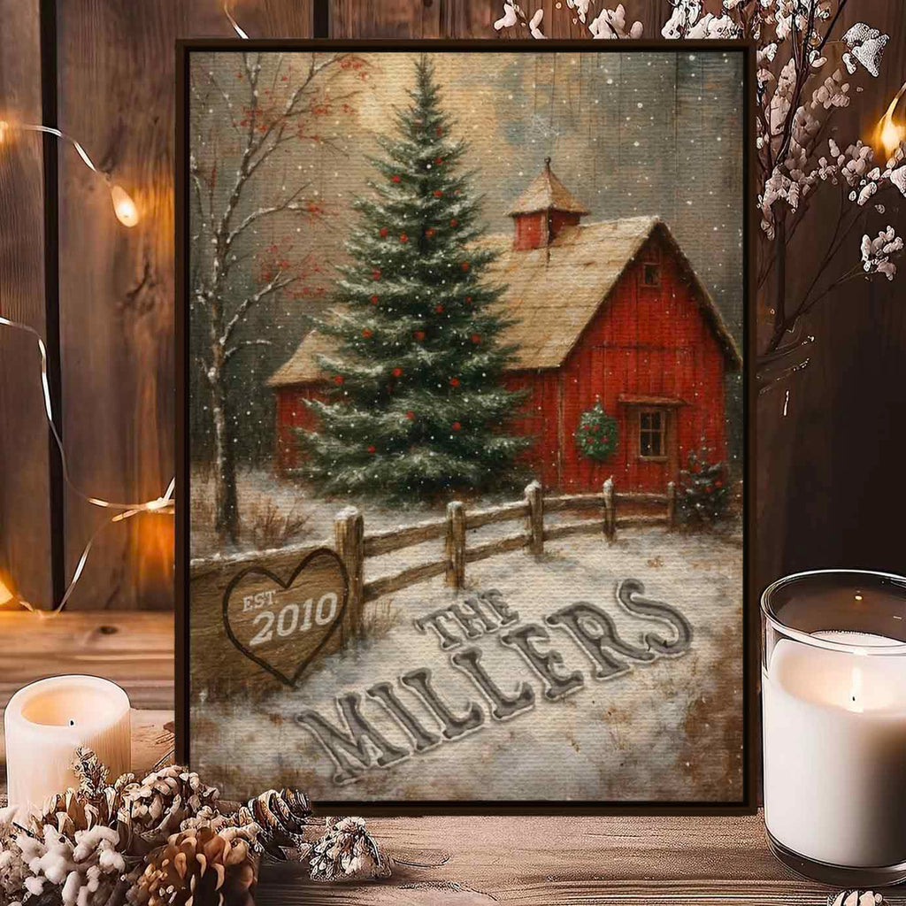 Red Barn Custom Family Name in the Christmas Snow Canvas
