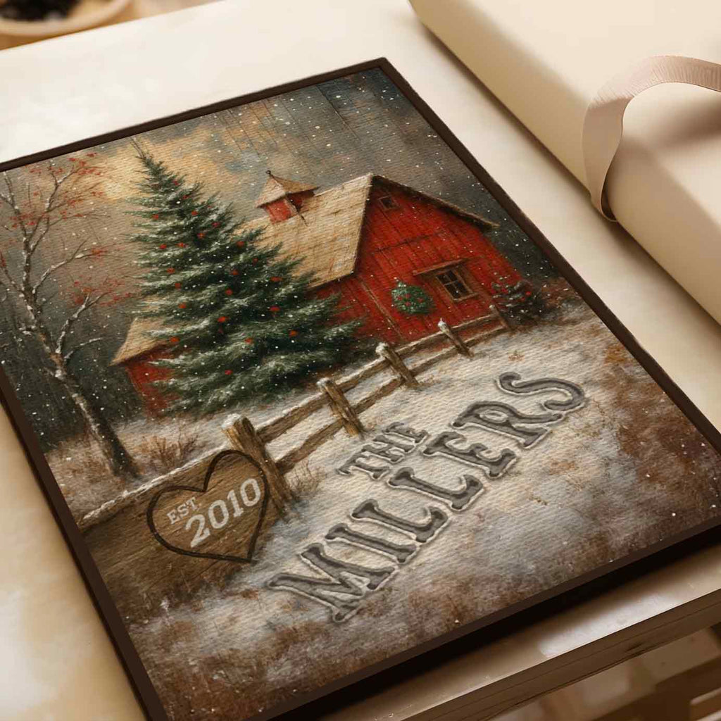 Red Barn Custom Family Name in the Christmas Snow Canvas