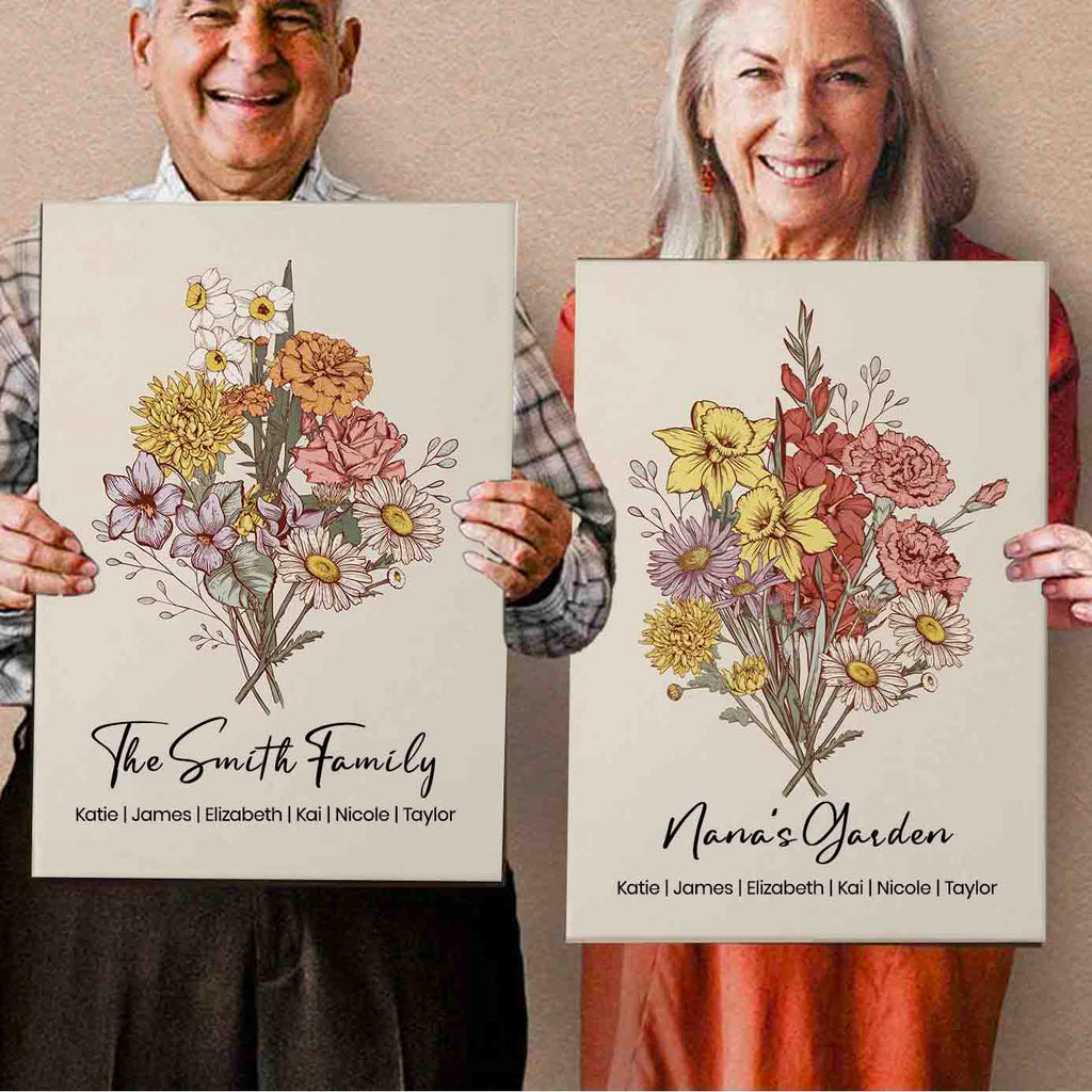 Family Member Birth Flower Bouquet | Personalized Canvas for Grandma Mom