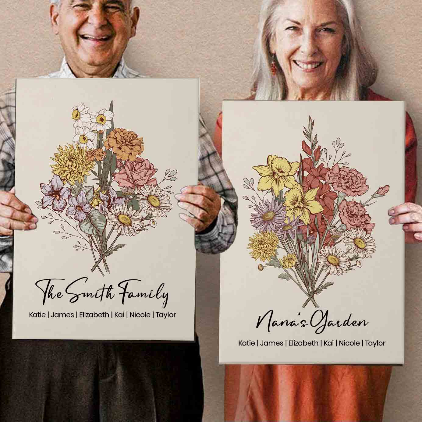 Family Member Birth Flower Bouquet | Personalized Canvas for Grandma Mom