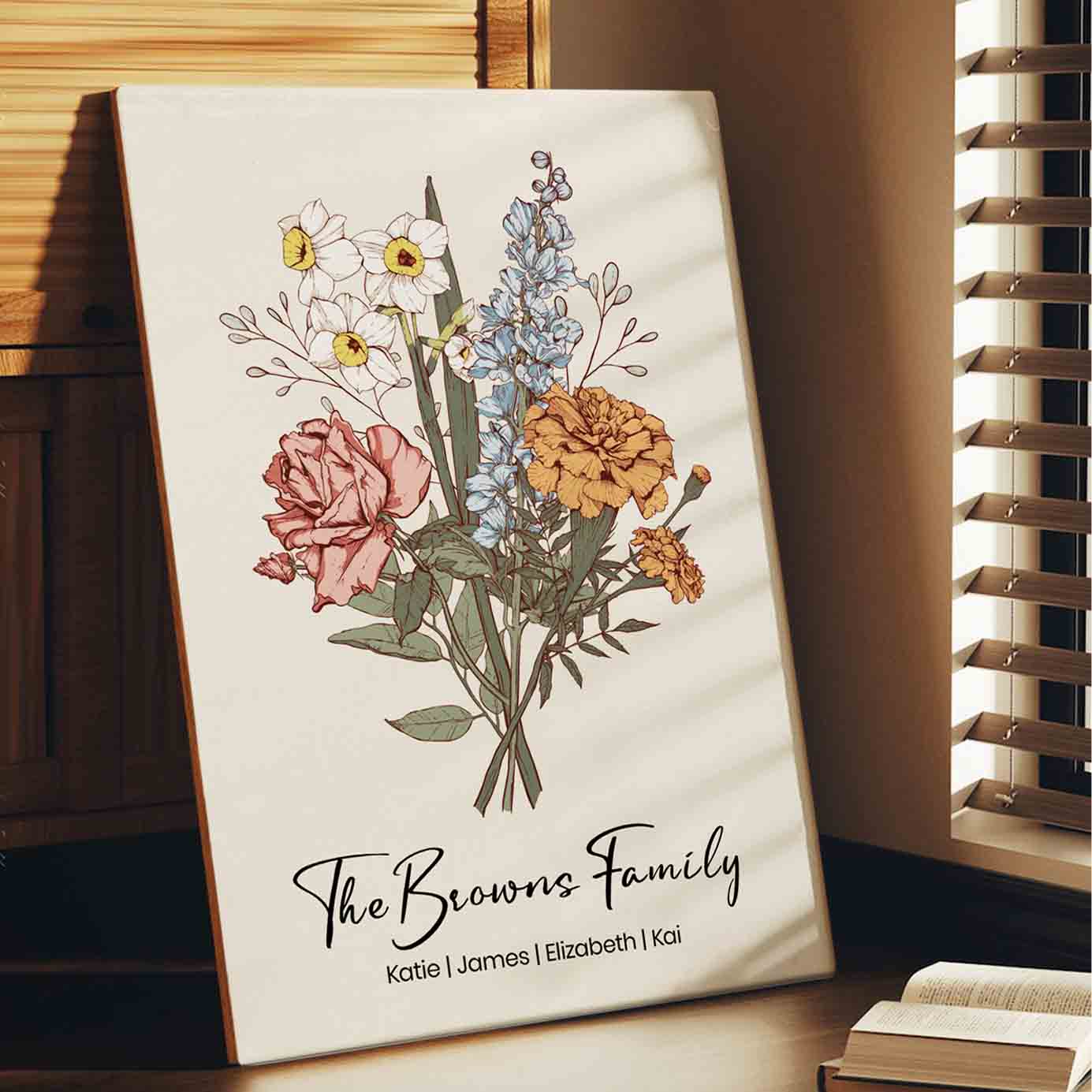 Family Member Birth Flower Bouquet | Personalized Canvas for Grandma Mom