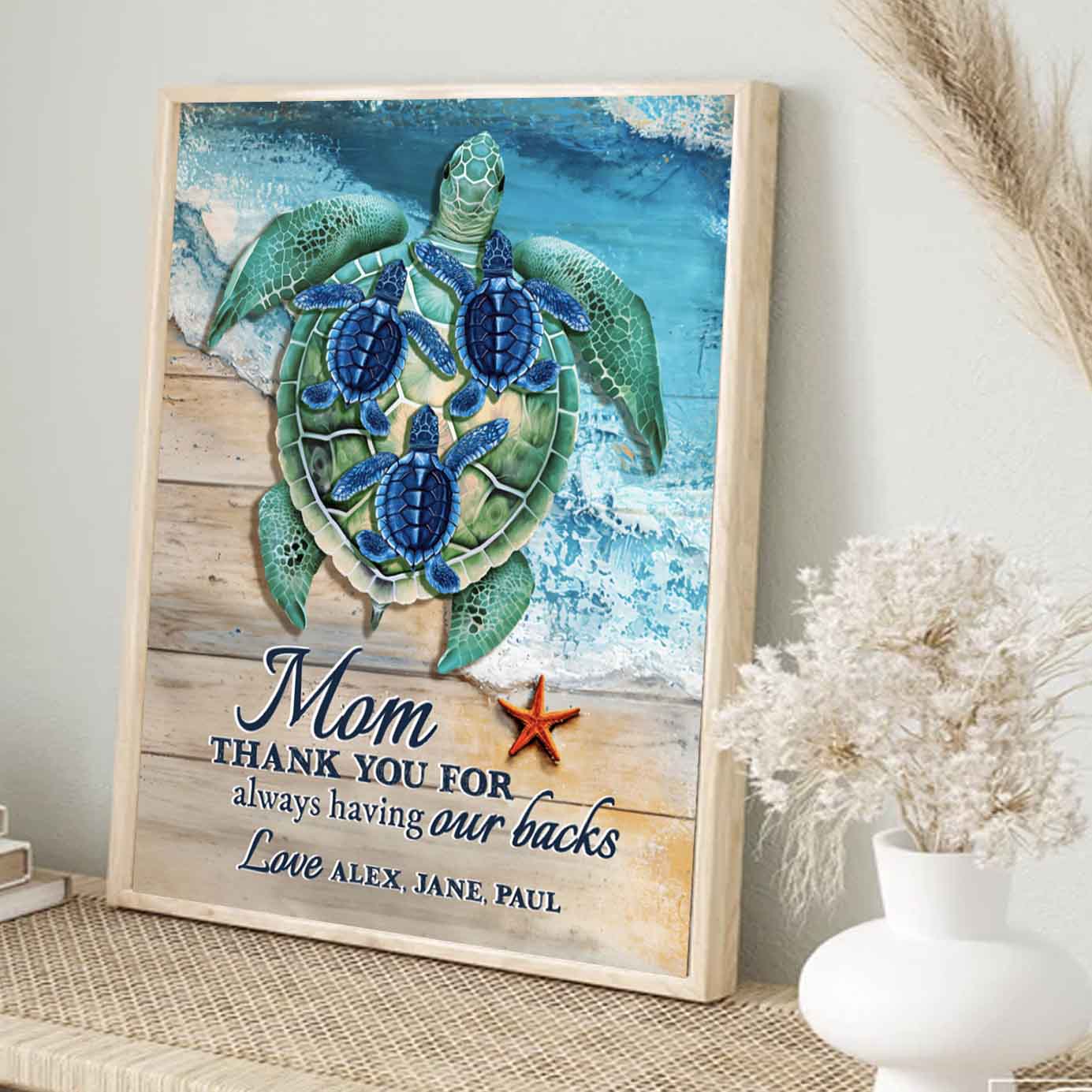 Mom Thank You For Having Our Backs Custom Sea Turtle Canvas